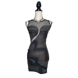 Y2K Cameo Black + Gray Sheer Mesh Quilted Bodycon Dress Size Extra Small